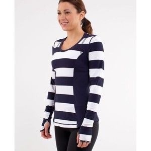 EUC LULULEMON Run Switch Back LS Rulu Top Wide Bold Stripe Indigo